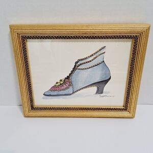 Peggy Abrams Watercolor Print Fancy Antique Shoe‎ Gold Frame